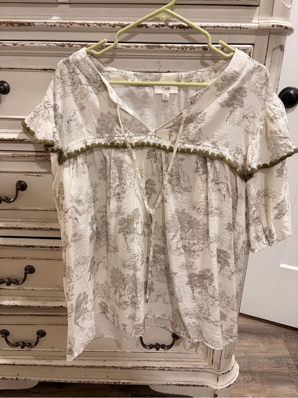 Oddi Cream Toile Peasant Blouse with Olive Trim